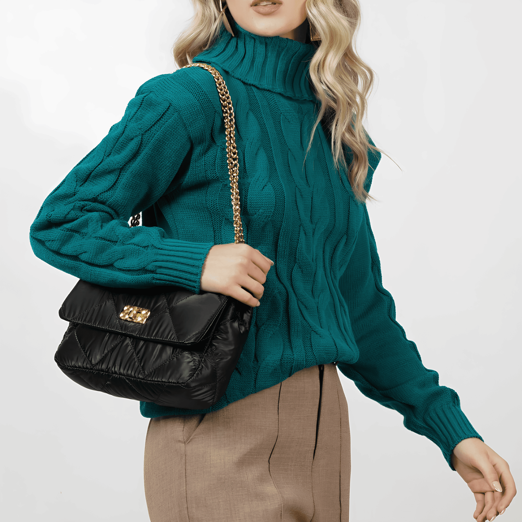 Suéter Feminino de Tricot Gola Alta Verde Escuro
