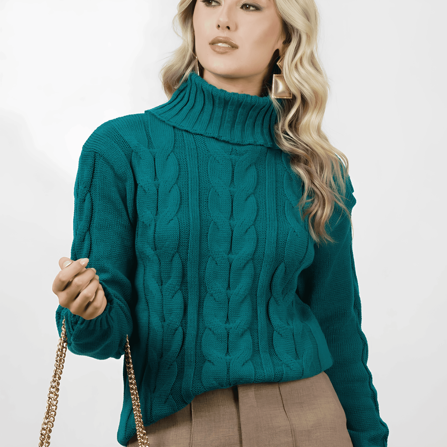 Suéter Feminino de Tricot Gola Alta Verde Escuro
