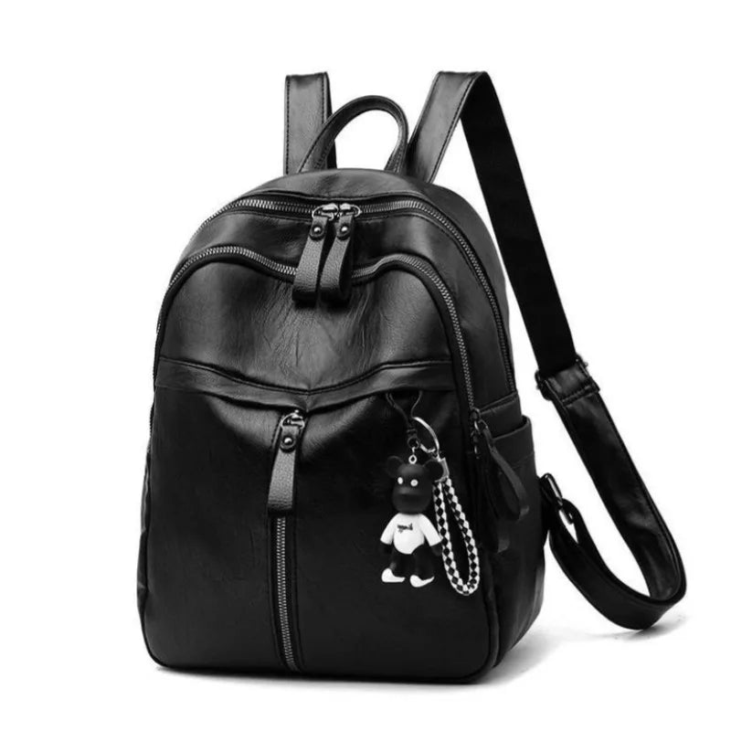 Mochila Feminina Casual Preta com Estampa de Ursinho para Uso Diário Modelo Leve de Um Ombro