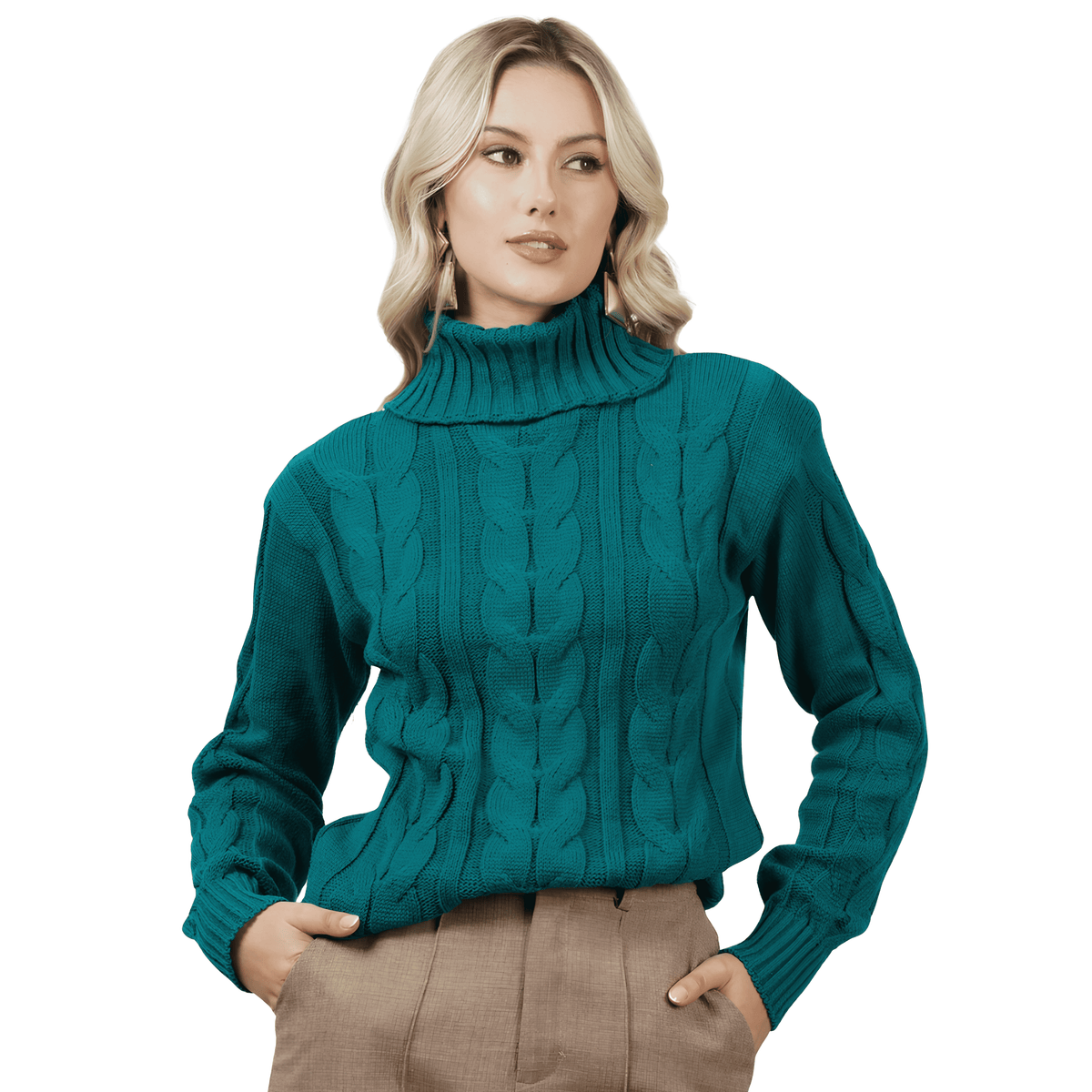 Suéter Feminino de Tricot Gola Alta Verde Escuro